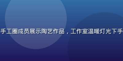 踩蘑菇社区手工圈成员展示陶艺作品，工作室温暖灯光下手工制作场景